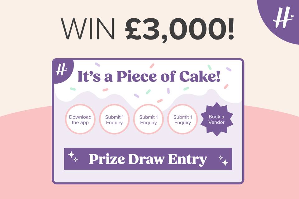 An image with Hitched branding that says 'Win £3,000! It's a piece of cake. Download the app. Submit 1 Enquiry. Submit 1 enquiry. Submit 1 enquiry. Book a vendor. Prize draw entry.