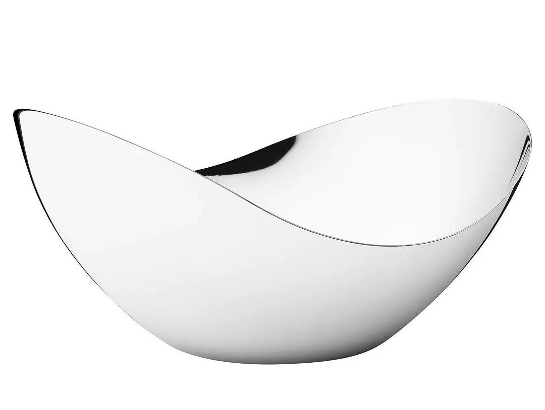 A stainless steel, mirror-finish bowl in a beautiful curved shape on a white background.