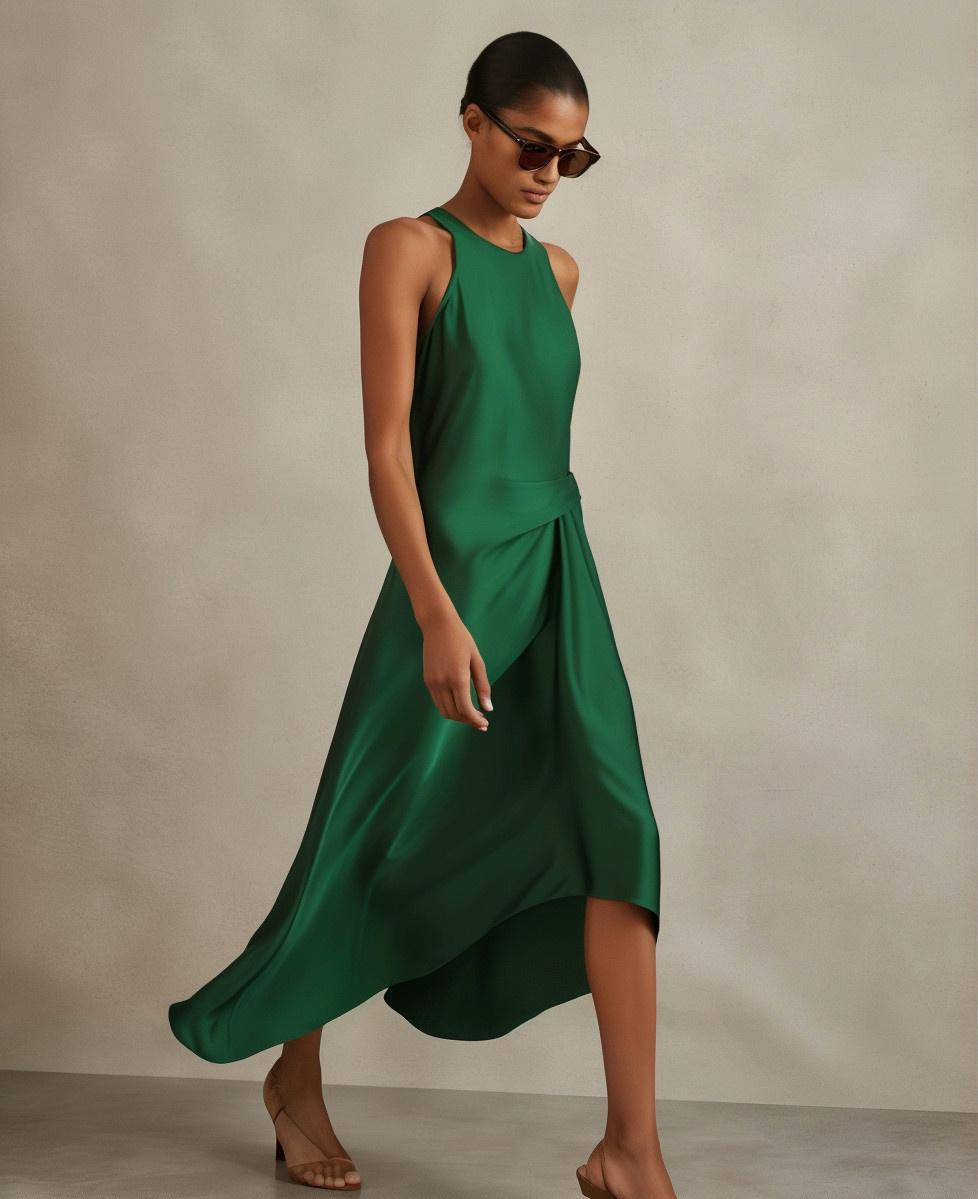 A wedding guest wearing an emerald green satin sleeveless midi dress with draped detail on the body.