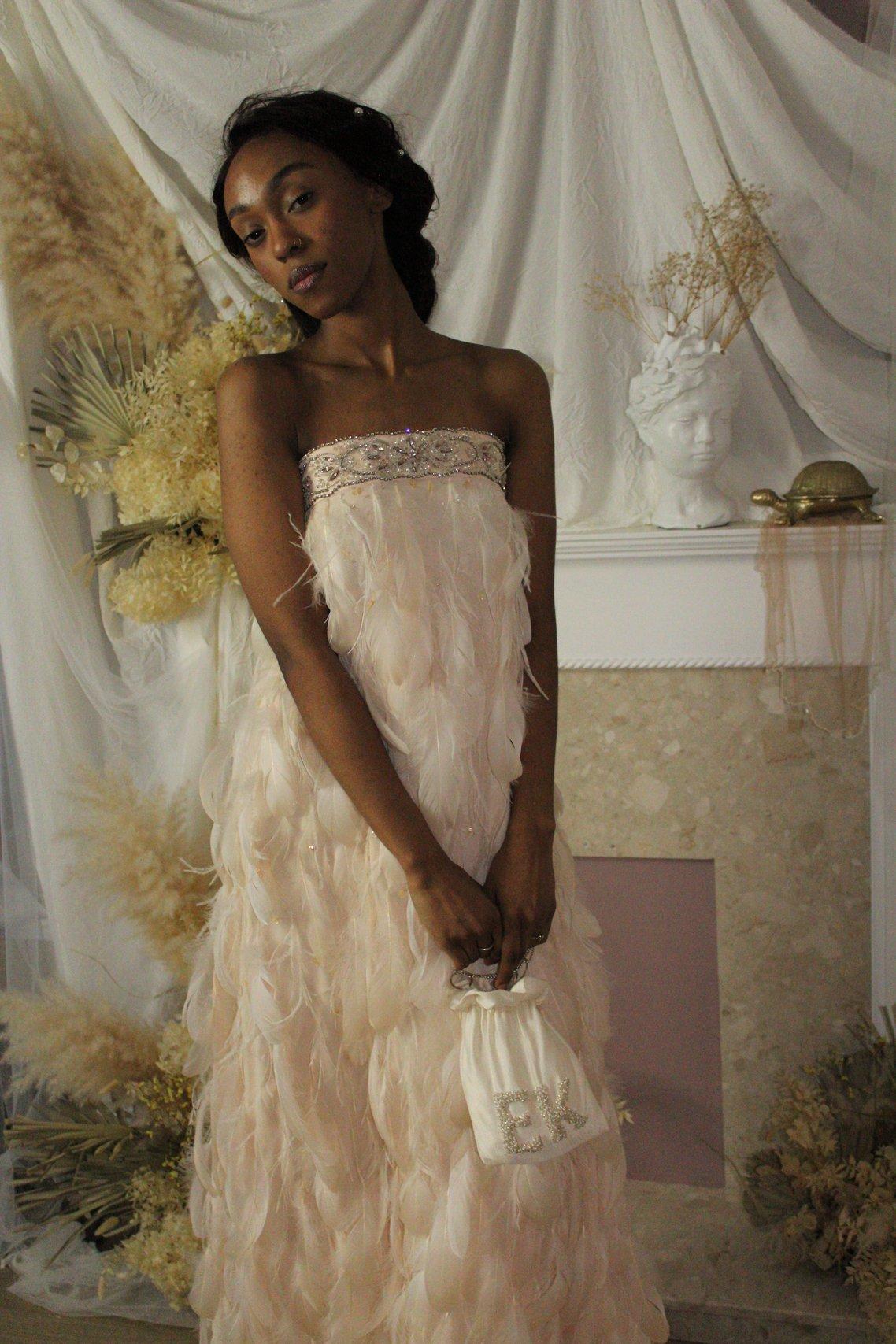 Pink feather wedding dress hotsell