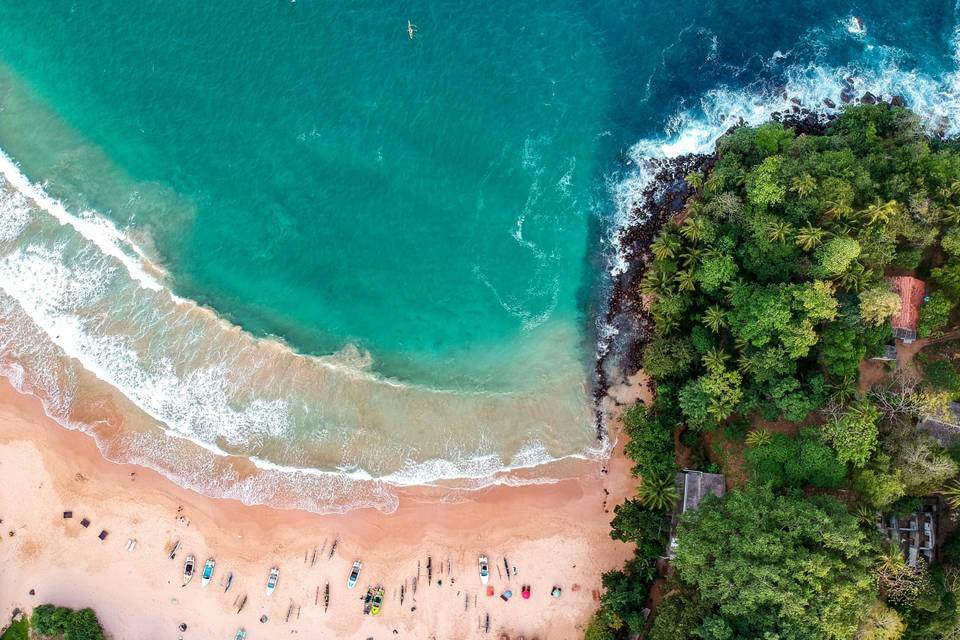 Aerial view of a beach in Sri Lanka with a turquoise sea