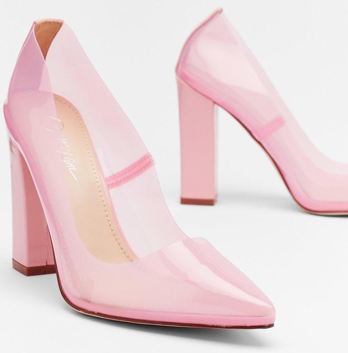 Perspex see through barbie pastel pink pointed heels with block heel