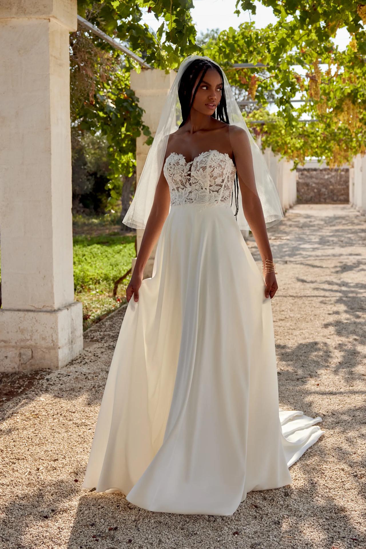 Satin A-Line with Plunging Sweetheart Neckline and Lace Bodice