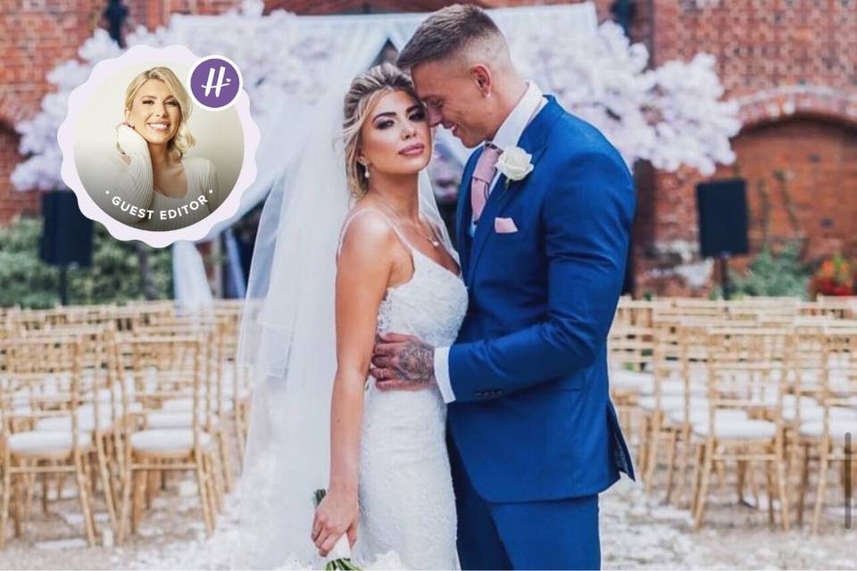 Olivia Bowen and Alex Buckland posing in their wedding outfits at their wedding venue, with an imposed picture of Olivia Bowen in the corner with the Hitched logo reading 'Guest Editor'