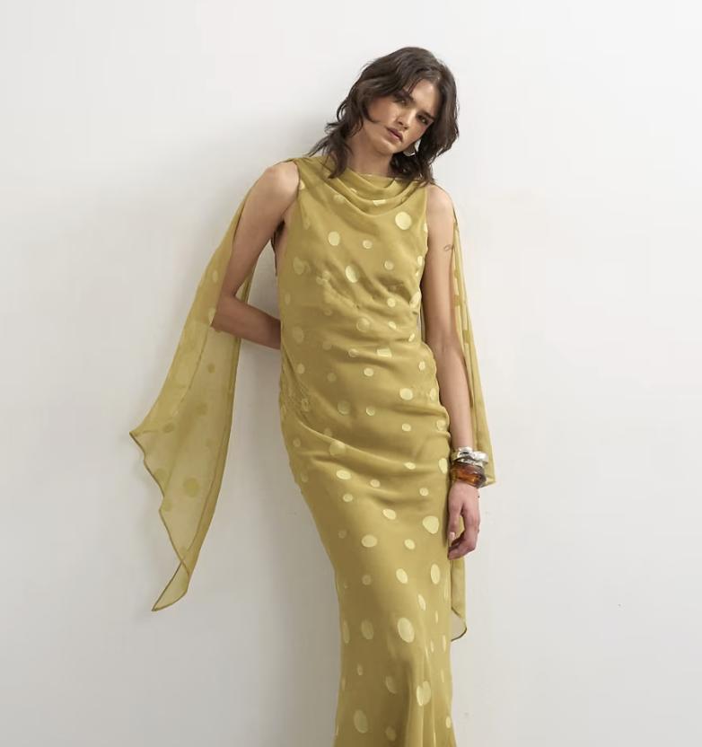 gold spot jacquard neck scarf dress