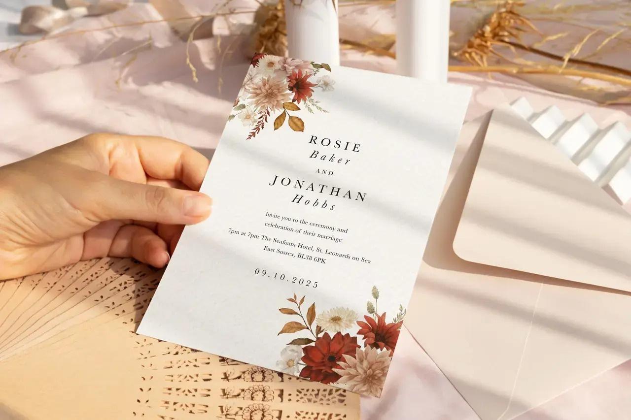 womans hand holding wedding invitation
