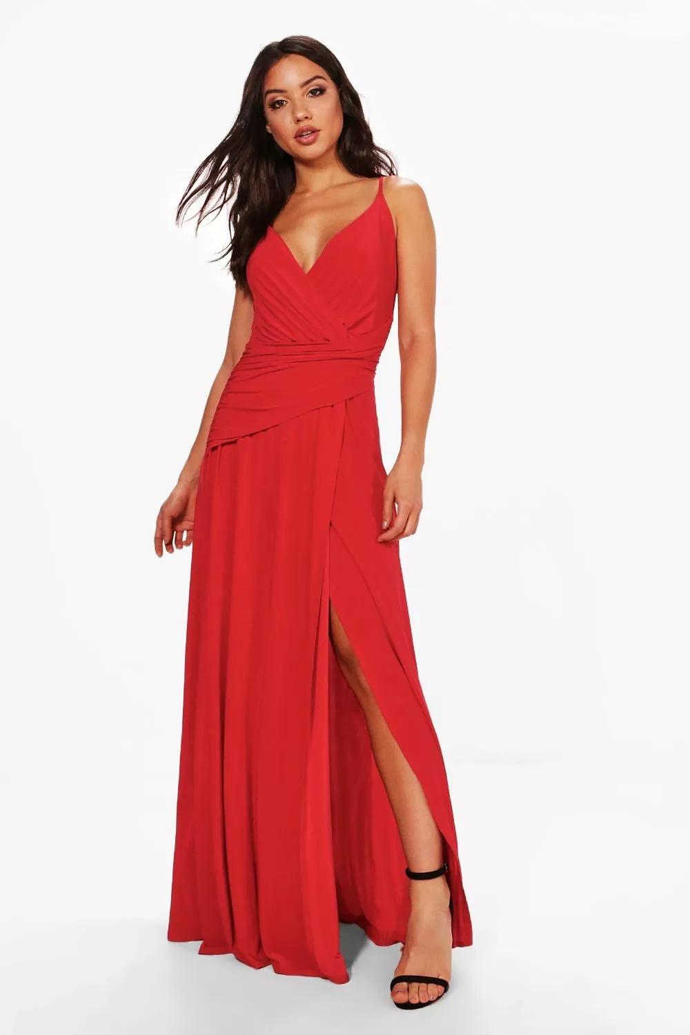 Model wearing a slinky long red bridesmaid dress
