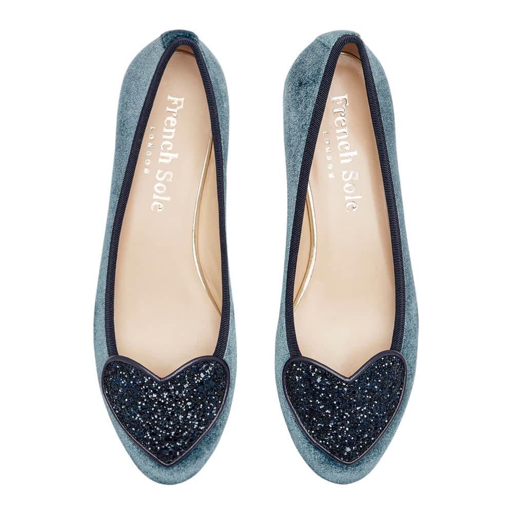 blue velvet slipper shoes with navy glitter hearts
