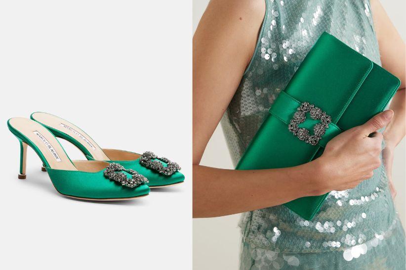 Hangisimu Green Satin Jewel Buckle Mules & Capri Buckle Clutch – Manolo Blahnik  