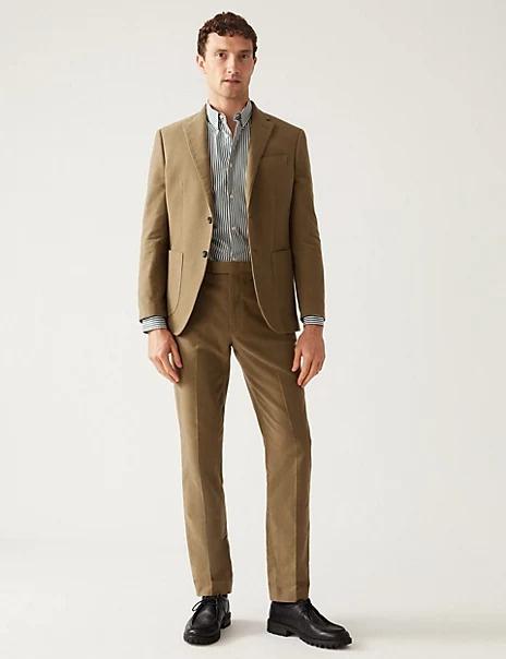 Men's Tan Cotton Twill Tailored Fit Plain Suit Pants - 1913 Collection