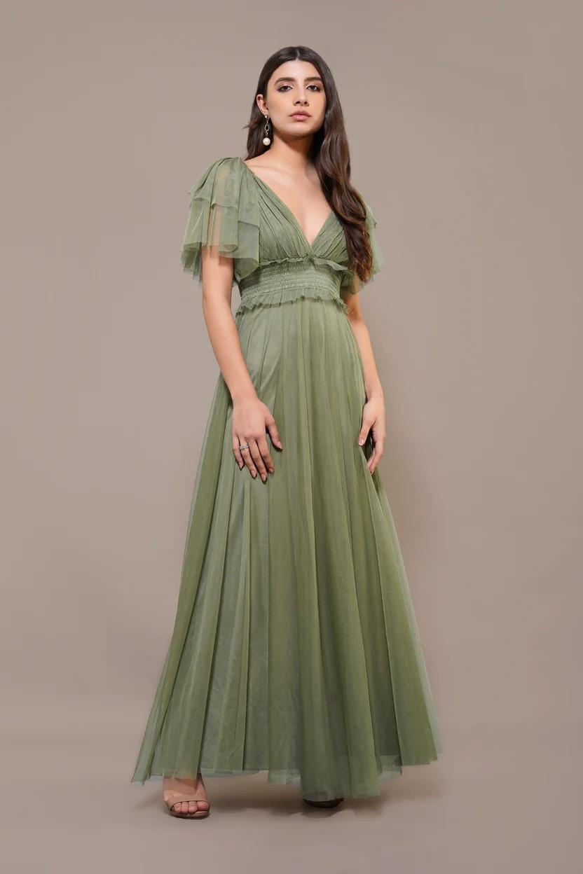 Shelby Maxi Dress in Soft Olive – Lace & Beads