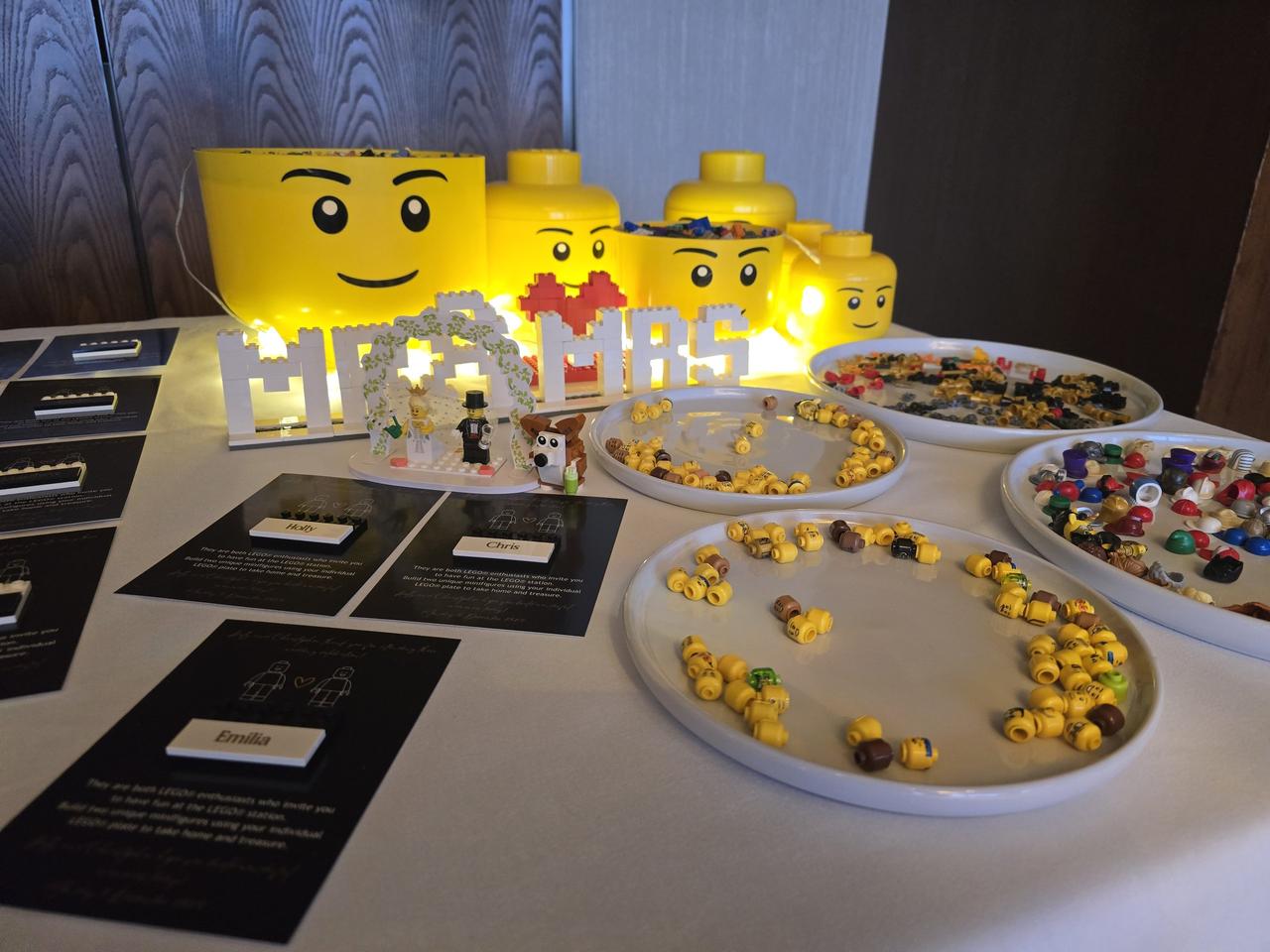 A make your own lego mini figure station at a wedding