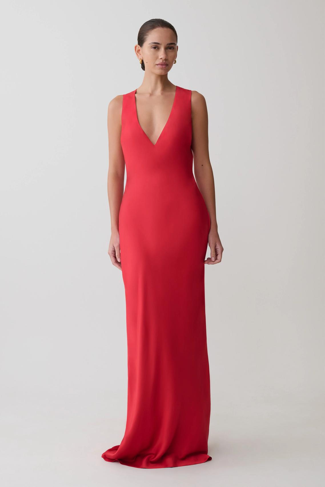 Meshki Esme Plunge Satin Maxi Red Dress