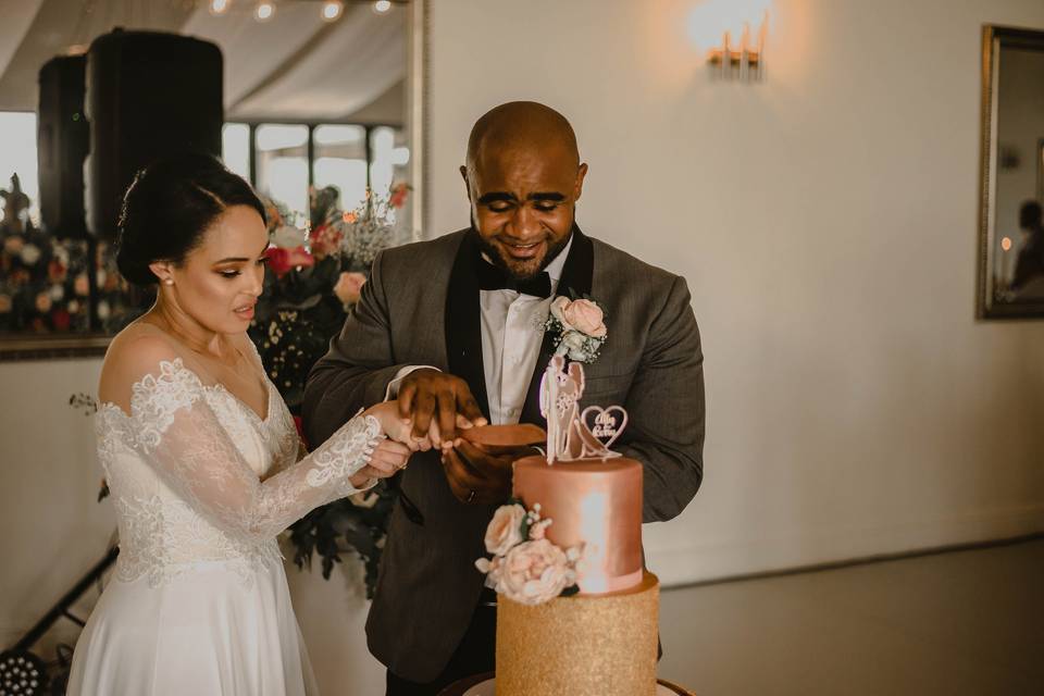 Bride and groom cut into rose gold and sparkly wedding cake