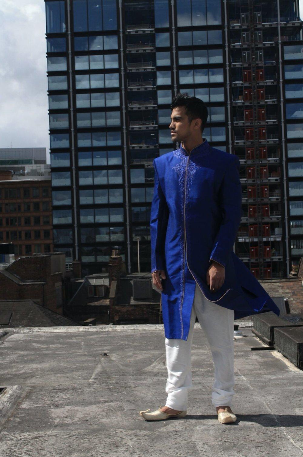 Blue  Men Kurta Designer Indian Wedding Formal Clothing W Free shawl  pants 