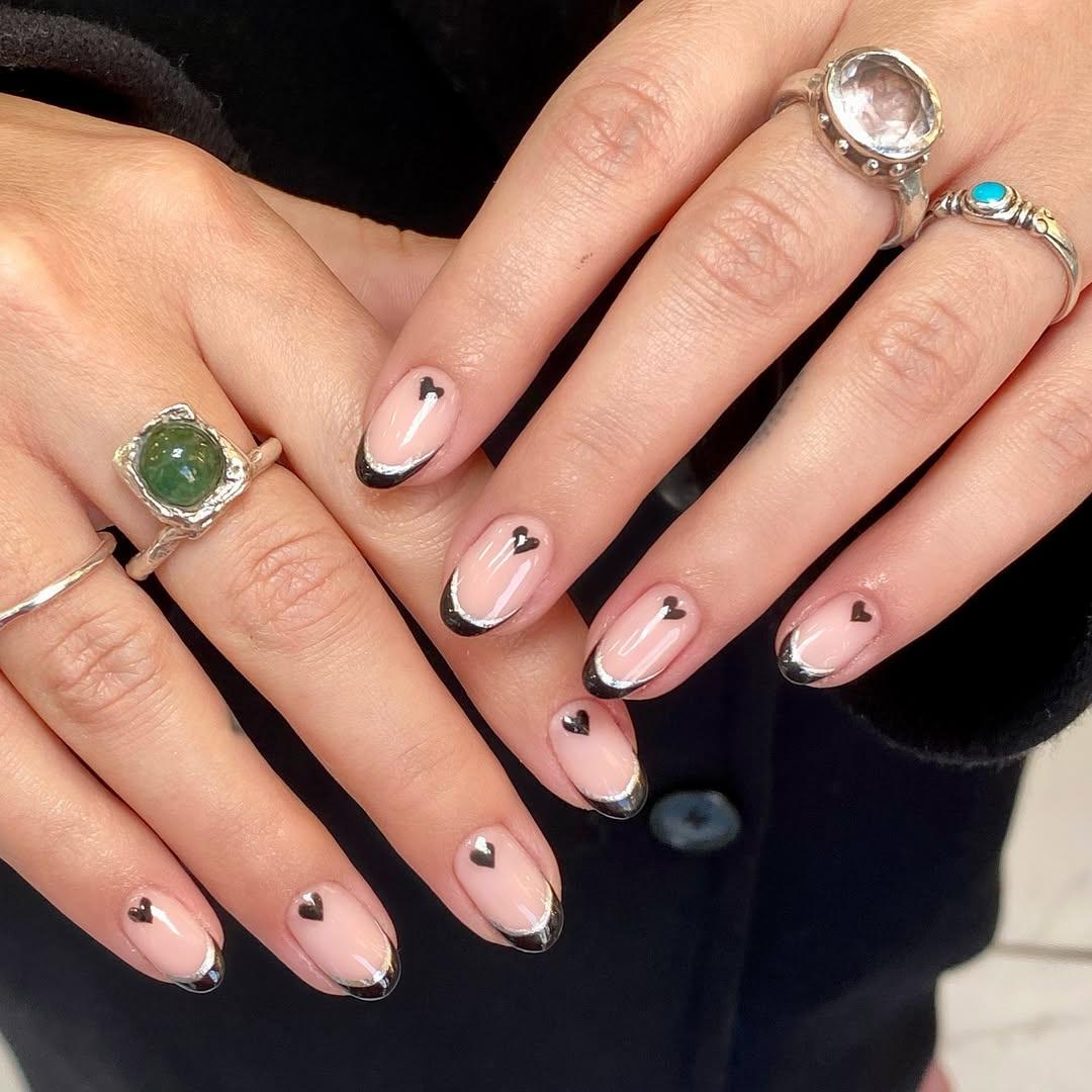 Black silver french manicure with black hearts