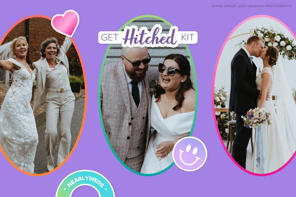 Get Hitched Kit visuals featuring pictures of three different couples on a purple background decorated with stickers