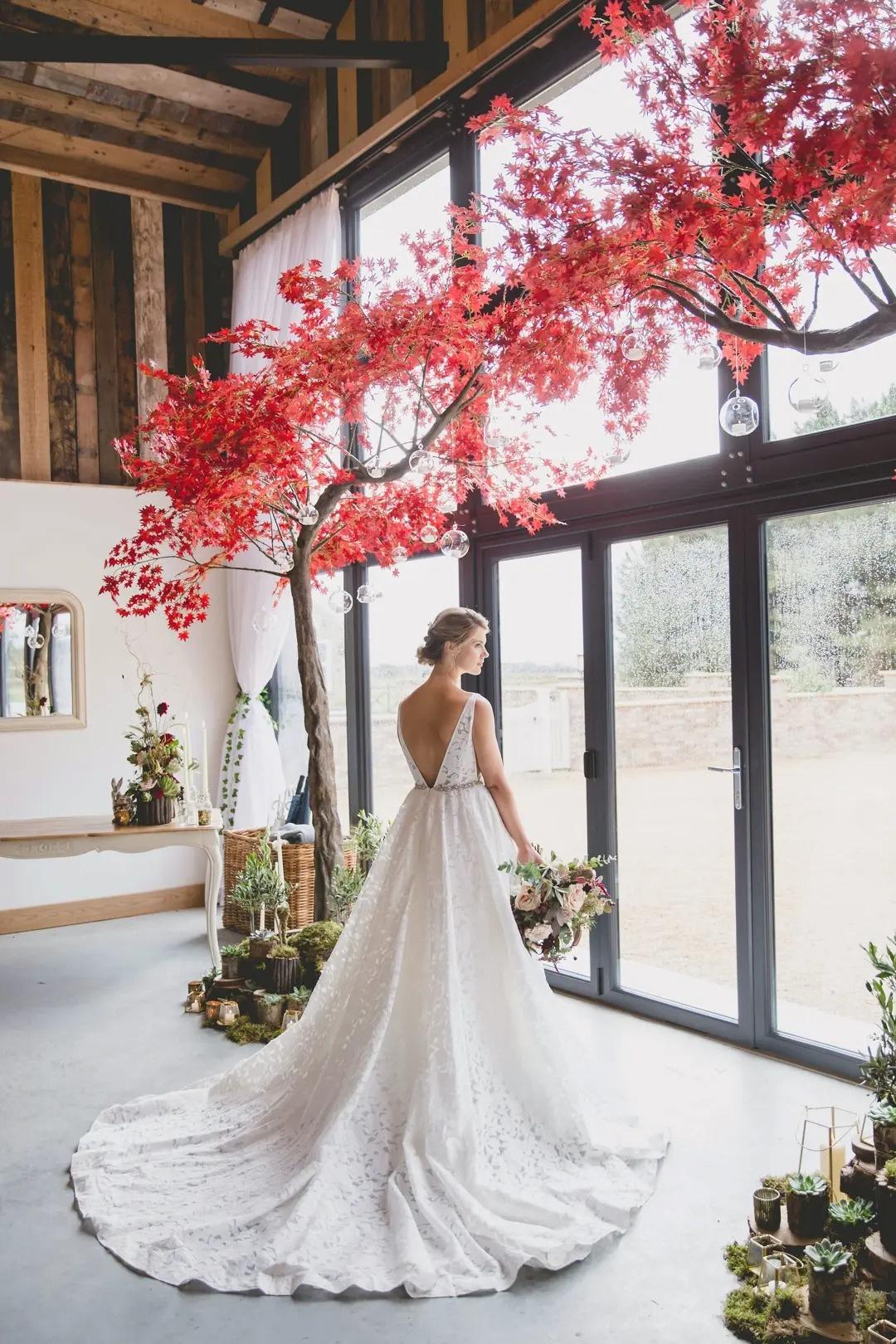 A bride stands in front of a tree wedding arch surrounded by potted green succulents