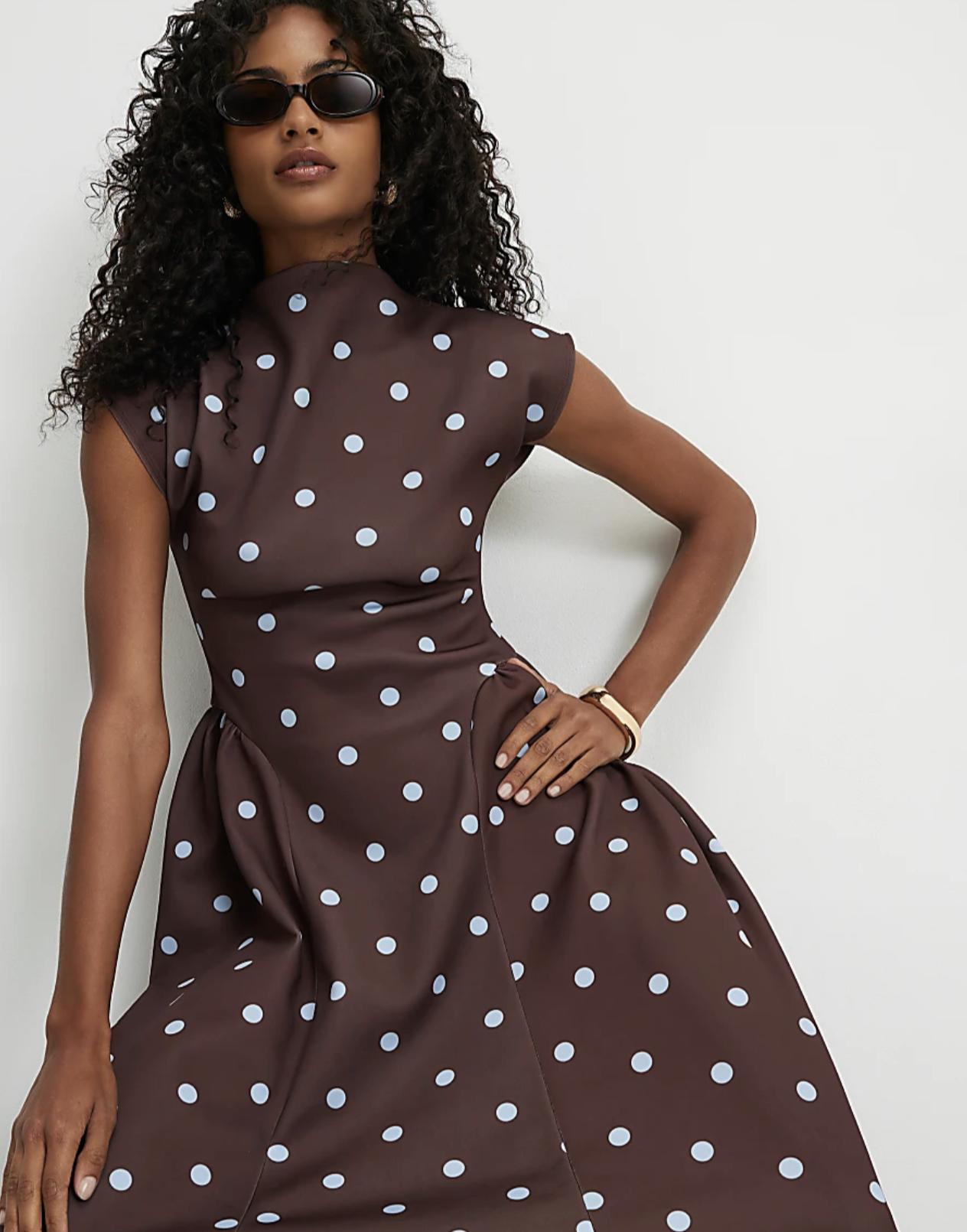 brown and white polka dot dress from River Island