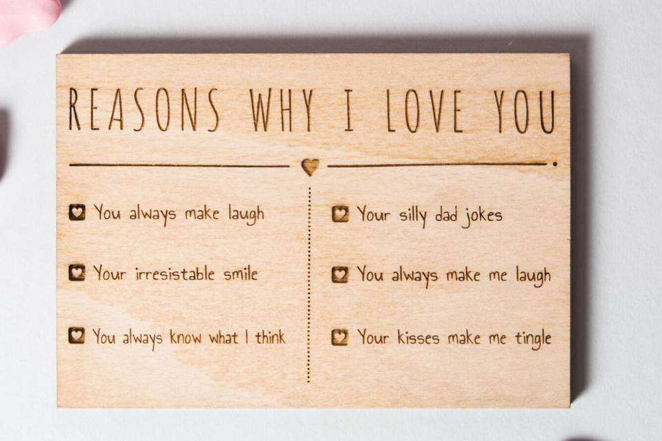 Wooden 'reasons I love you' postcard