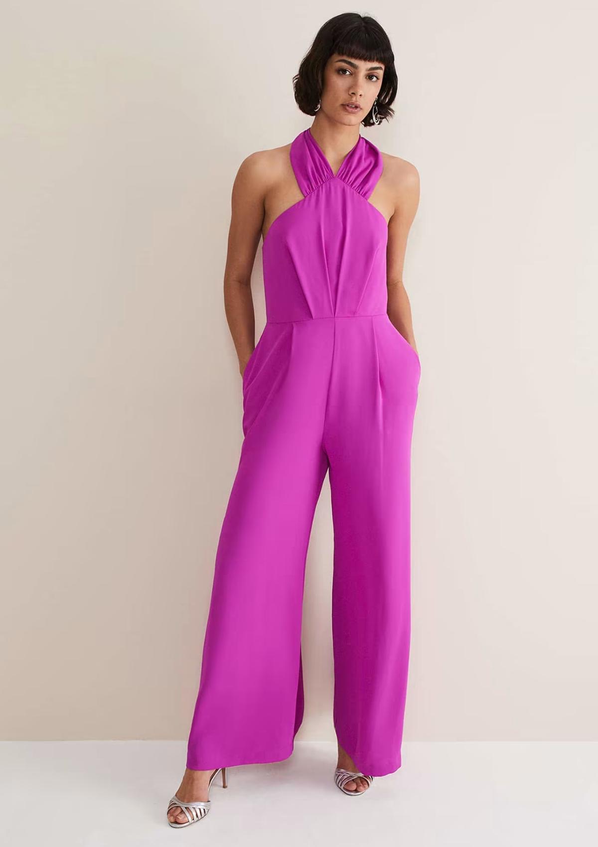 Retro & Vintage Plus Size Hot Pink Puff Sleeve Jumpsuit