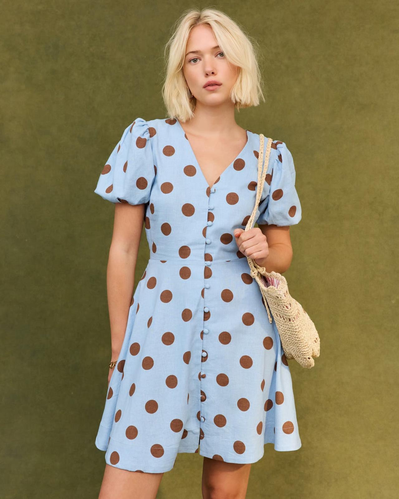 Oliver Bonas Light Blue & Brown Polka Dot Linen Blend Mini Dress