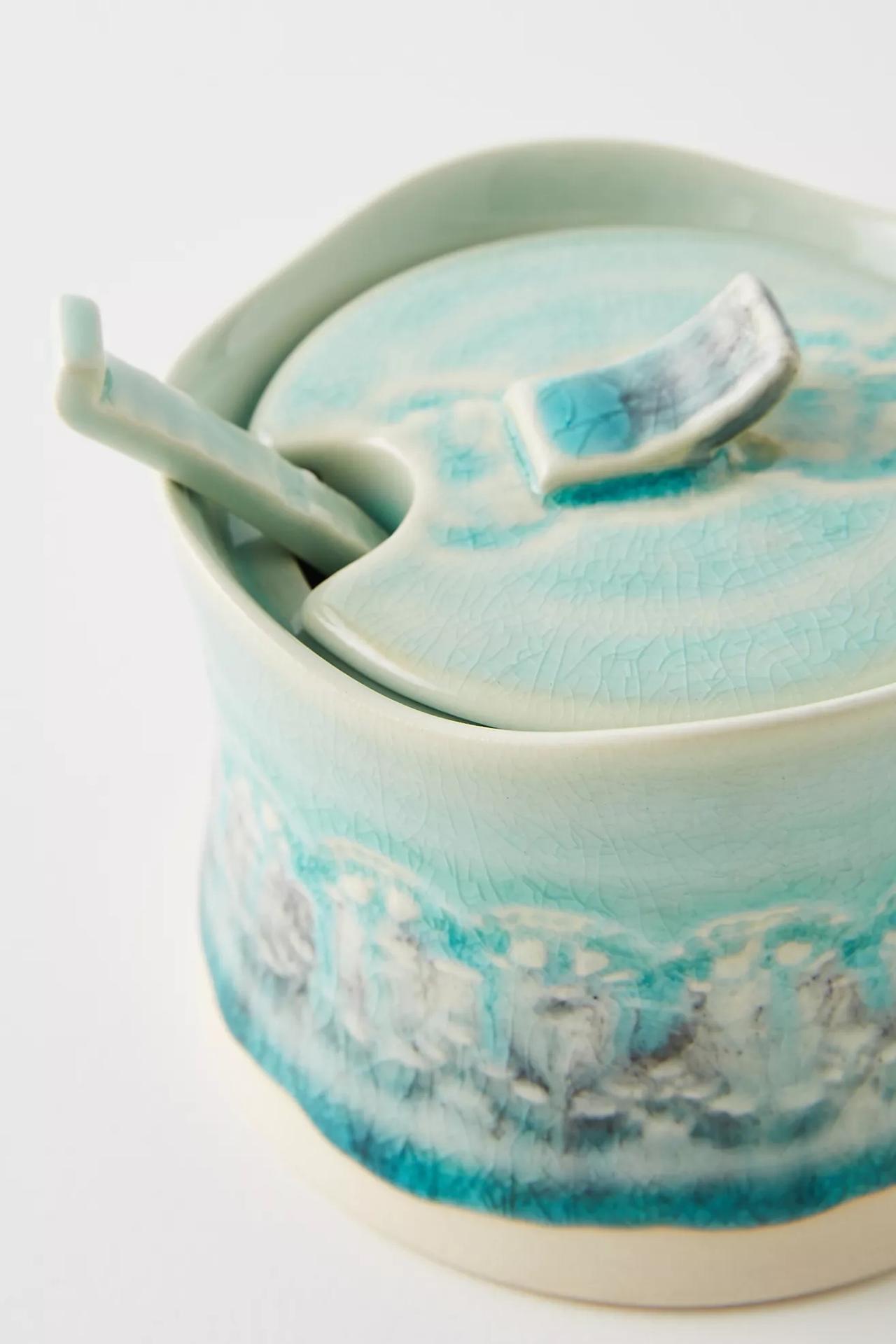 crackled blue sugar pot spoon