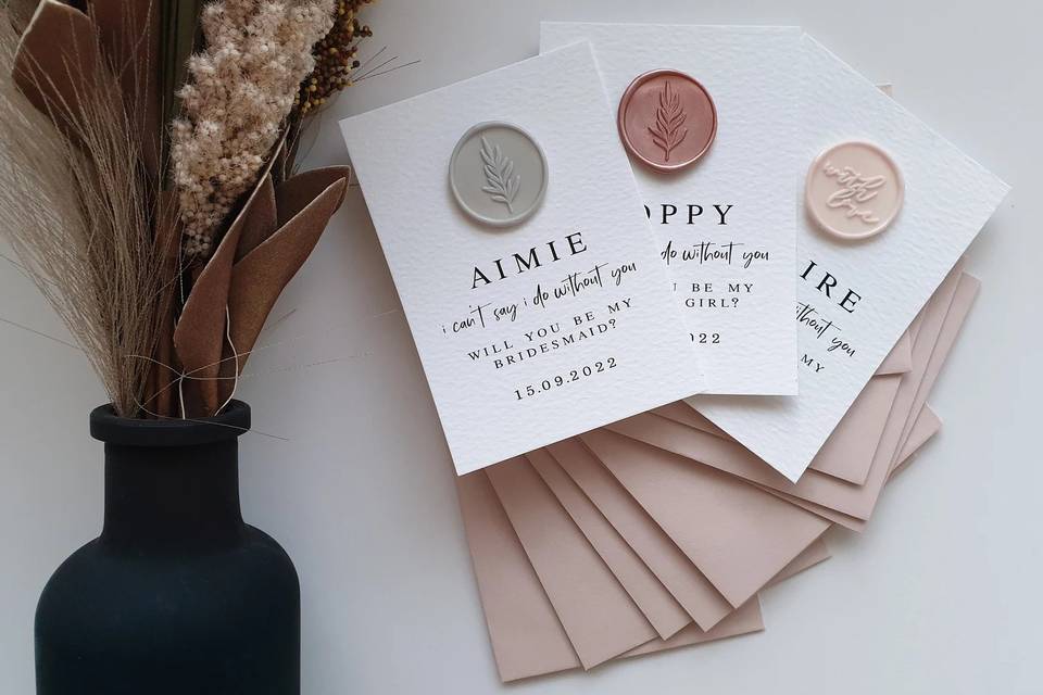'Will you be my bridesmaid' proposal card with a wax seal