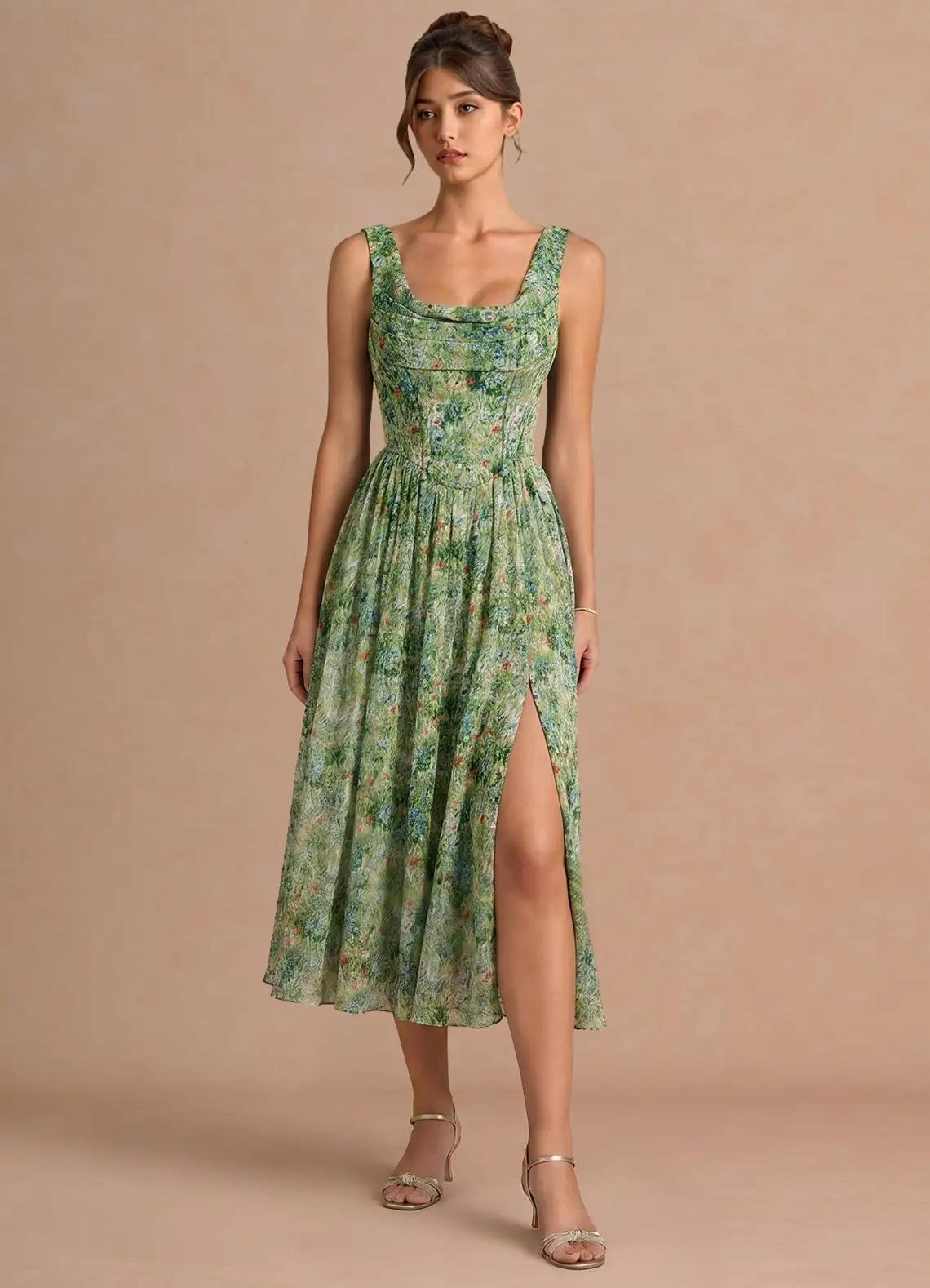 Jessamy Green Floral Midi Dress Tea Length – Azazie