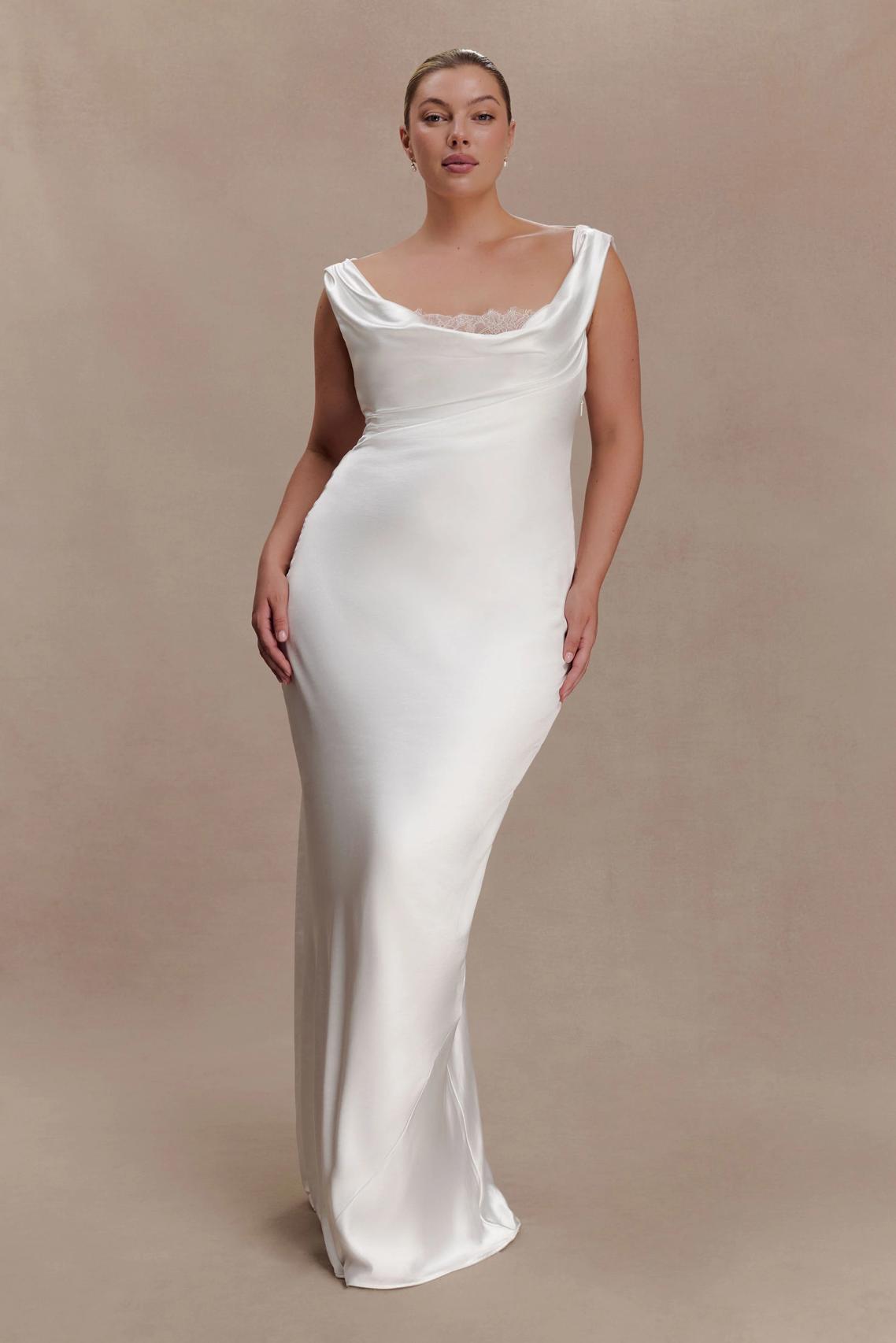 Meshki Ashley Cowl Neck Lace And Satin Maxi Dress Ivory