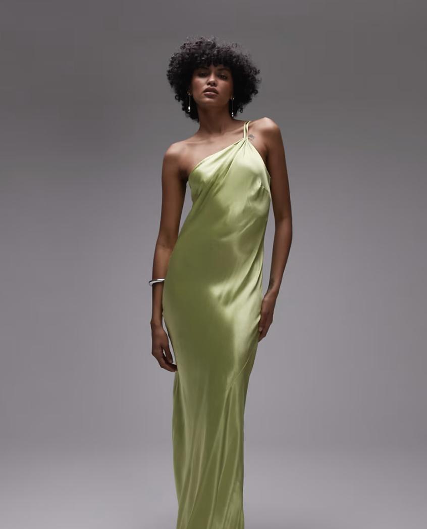 silky green asymmetric neckline dress