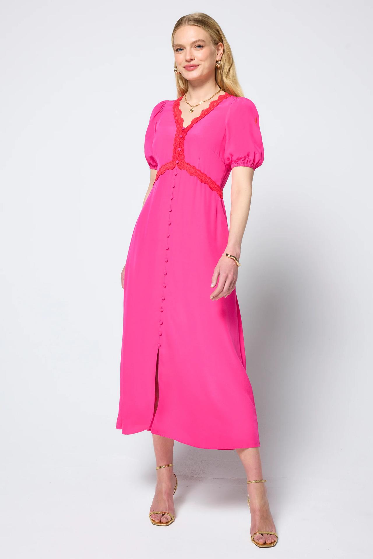 Pink with Coral Lace Trim Midi Tea Dress - Scamp & Dude