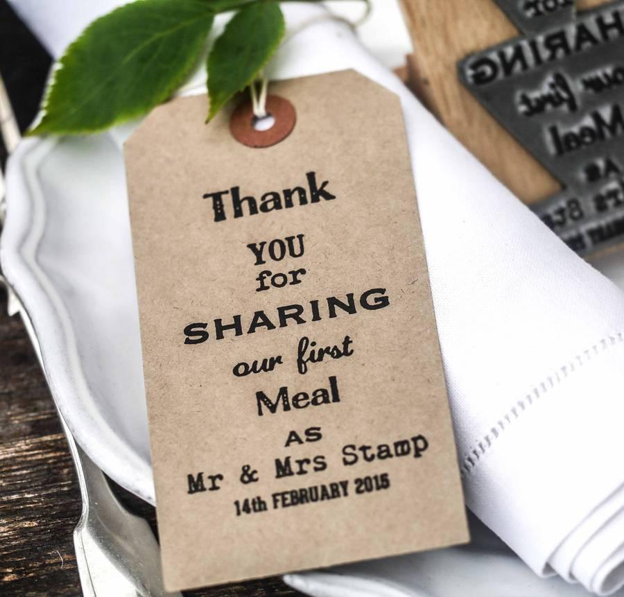 Stamp on brown tag reading 'Thank you for sharing our first meal as Mr and Mrs Stamp' with the date