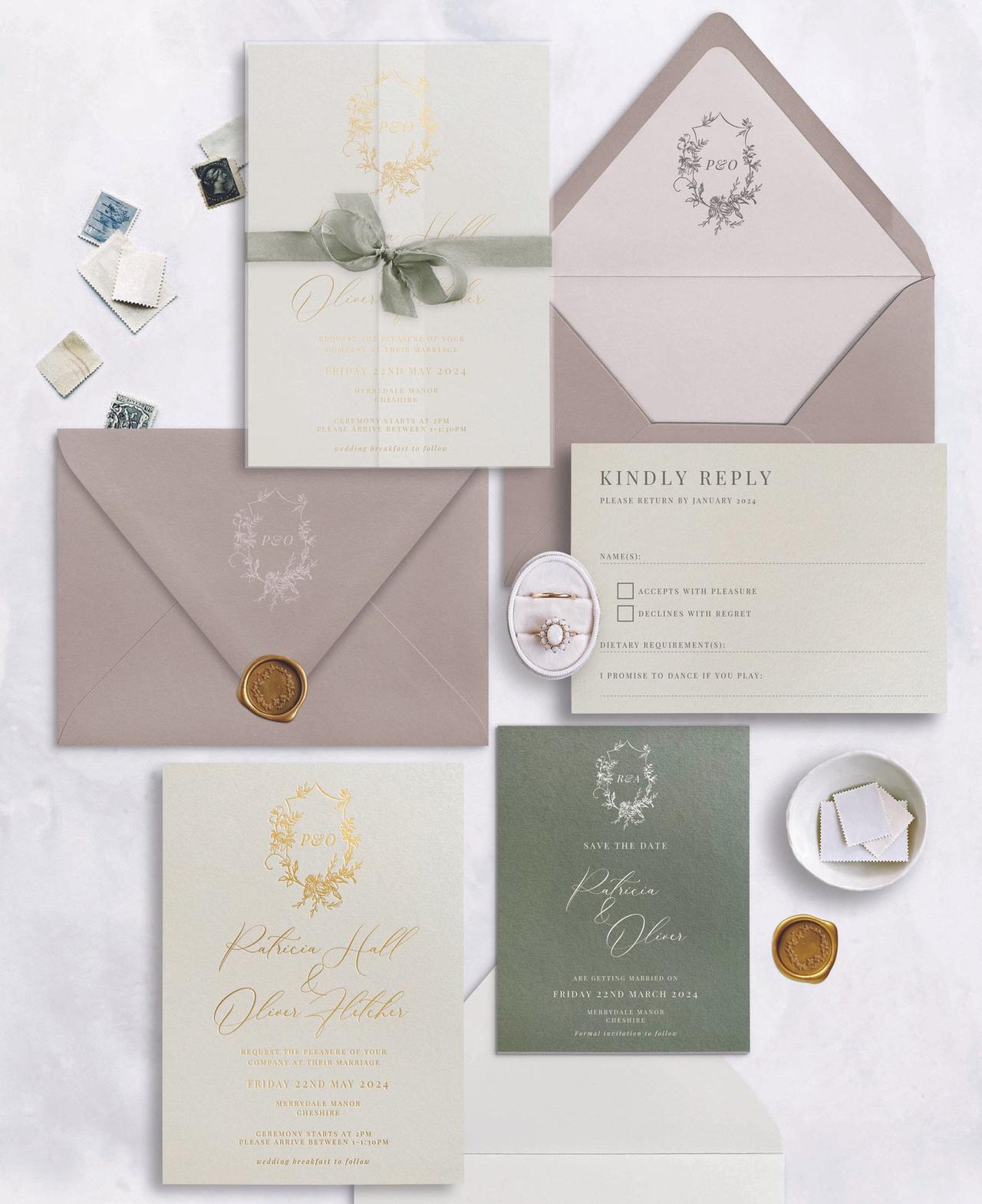 Vintage wedding stationery suite with wax sealed envelopes, silk ribbons and a floral monogram