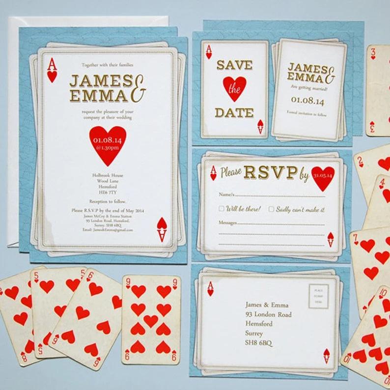 Red heart playing card wedding invitation
