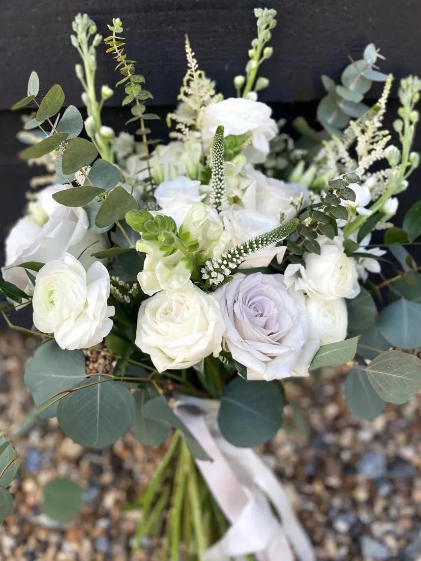 White and silver rose wedding bouquet