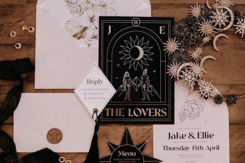 Celestial wedding invitation with tarot reading