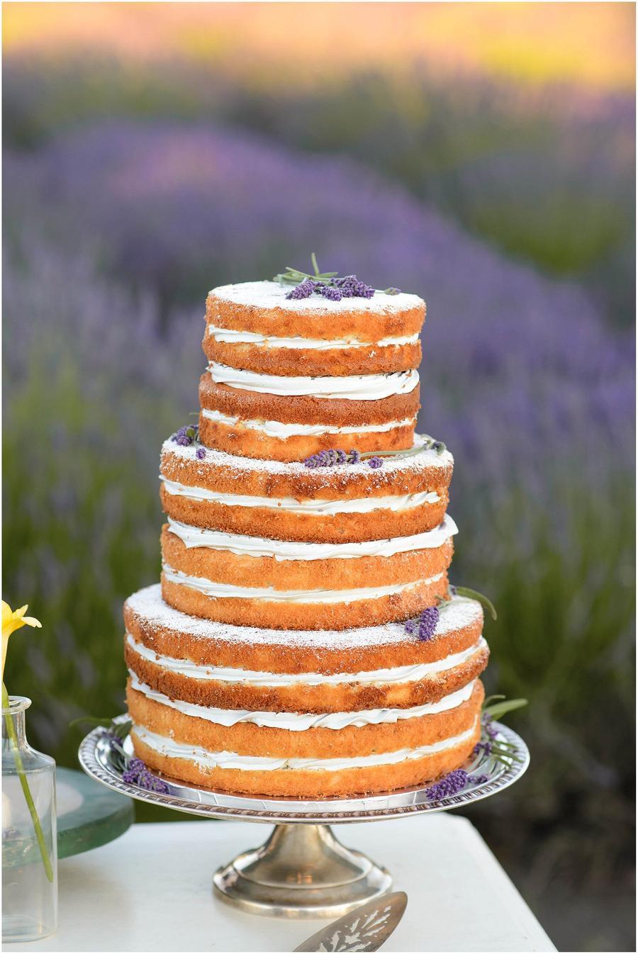 Naked simple wedding cake with lavender