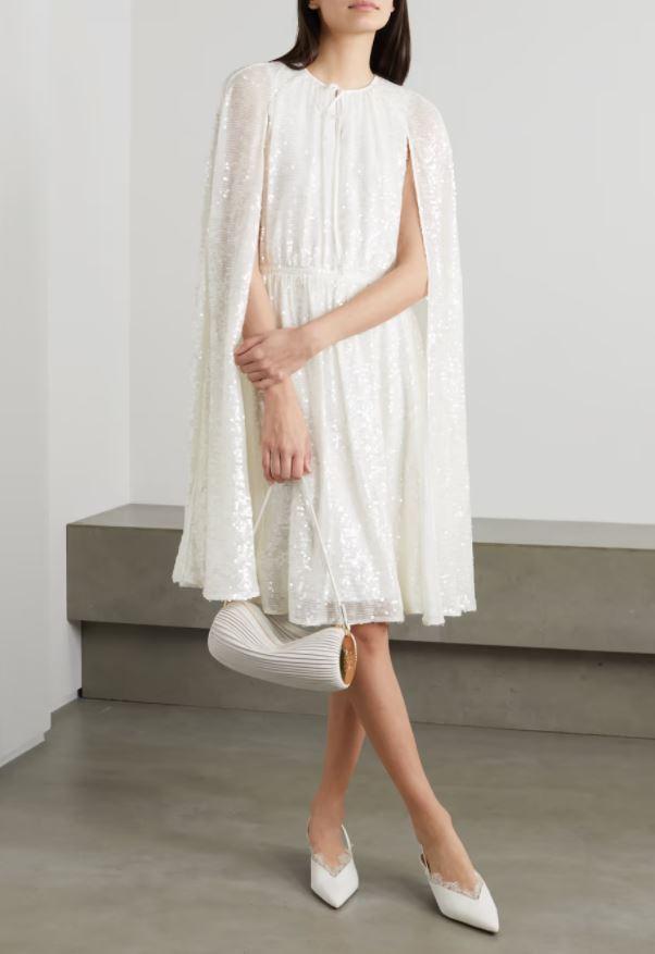 Chiffon sequinned white knee length dress for a second wedding with a cape effect