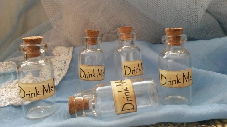 Alice in Wonderland drink me glass bottles