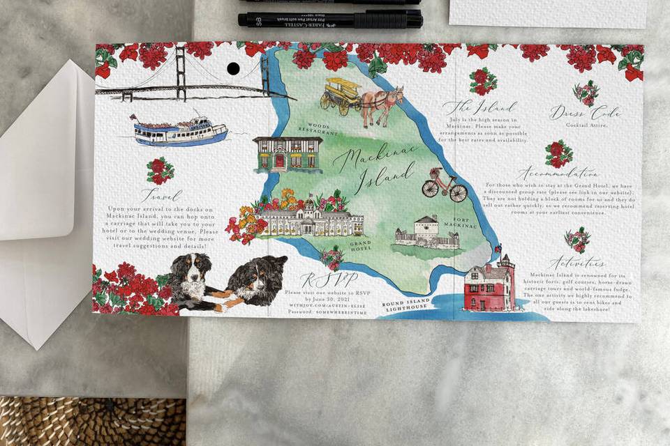 Illustrated wedding invitation perfect for a destination wedding