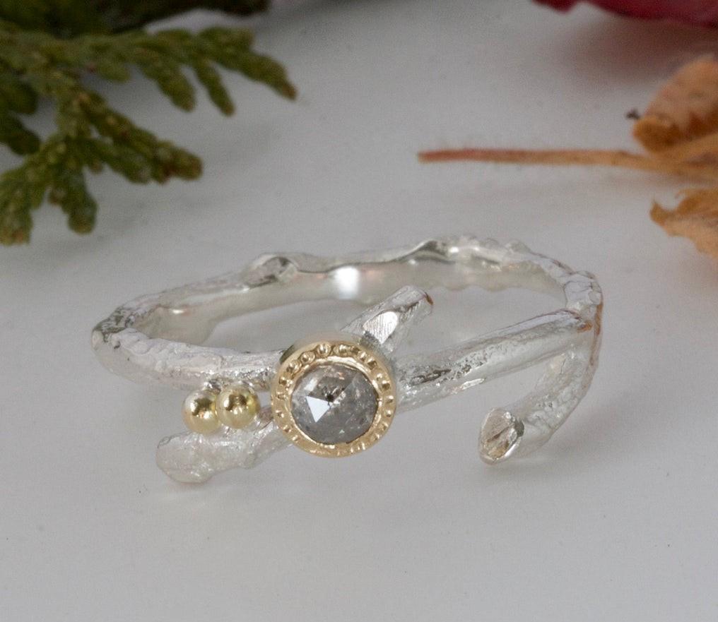 Twig style salt and pepper diamond engagement ring