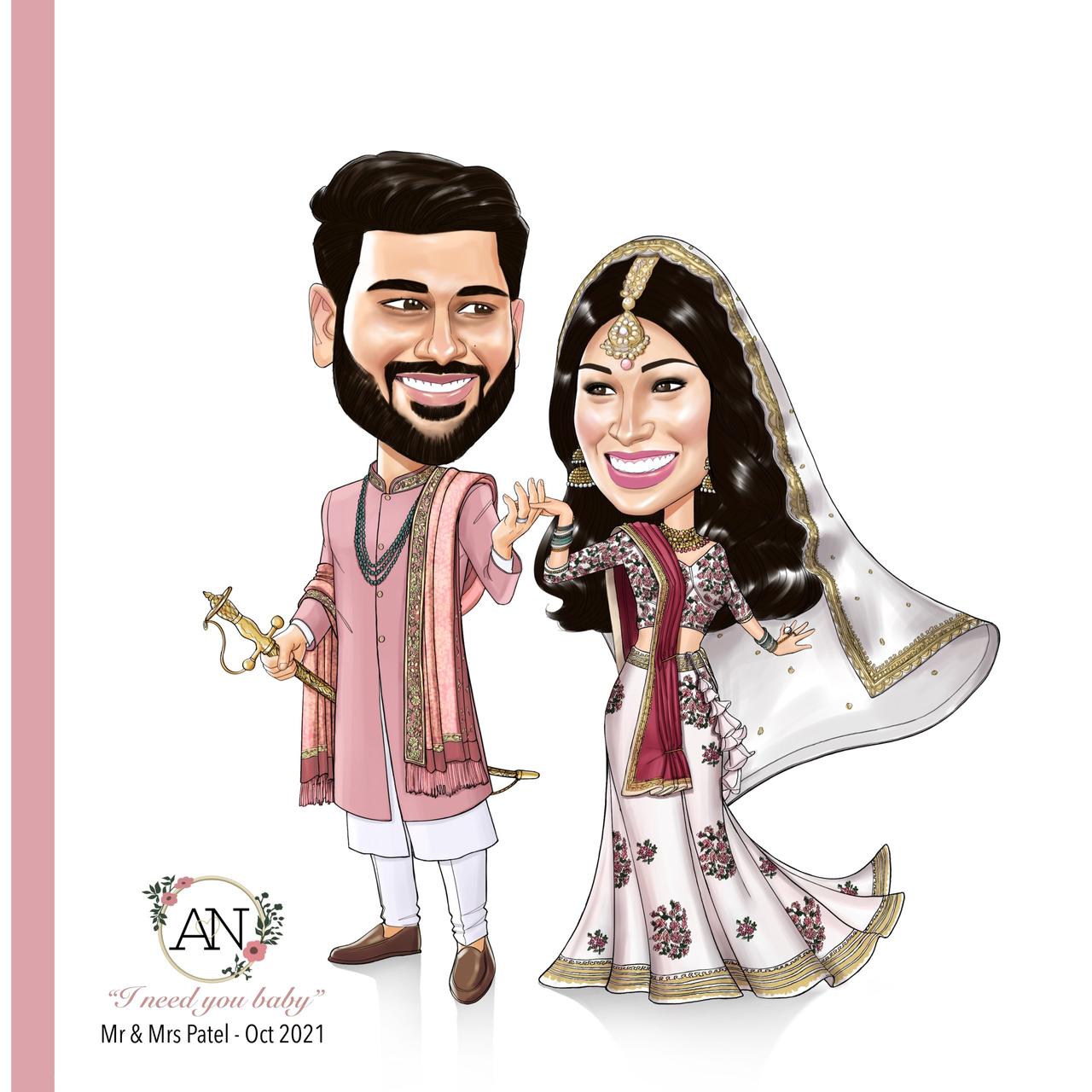 Caricature wedding groom and bride