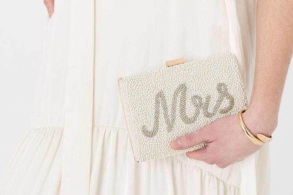 Pearl detailed bridal clutch bag with beaded 'Mrs' embellishment 