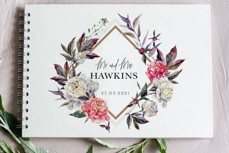Peony decorated personalised wedding guest book