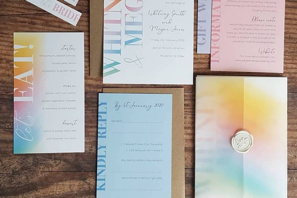 Tie dye wedding stationery in pastel colours