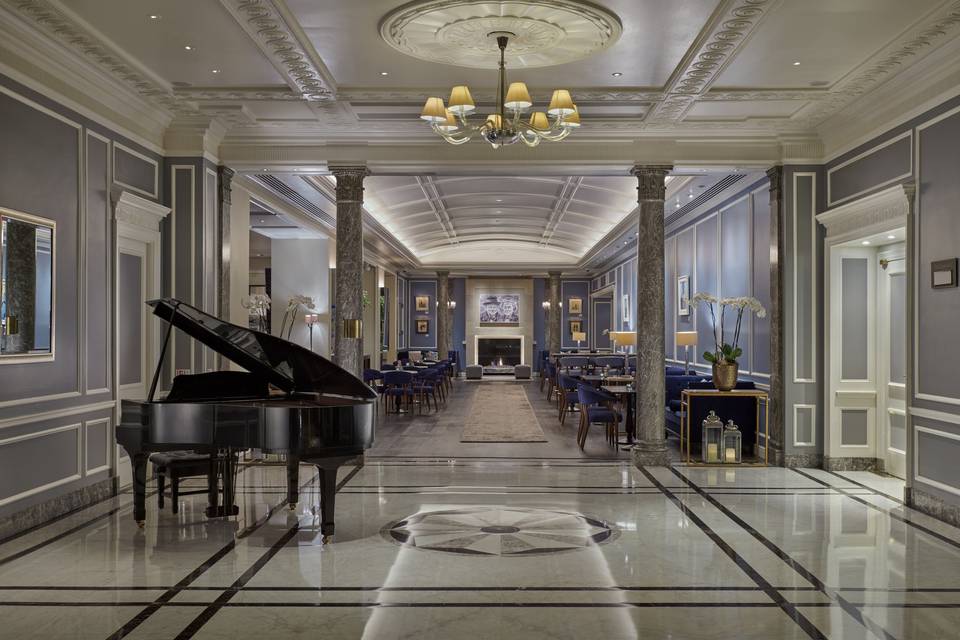 Hotel lobby with a grand piano