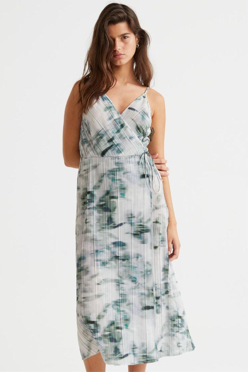 patterned wrap midi cheap wedding guest dress