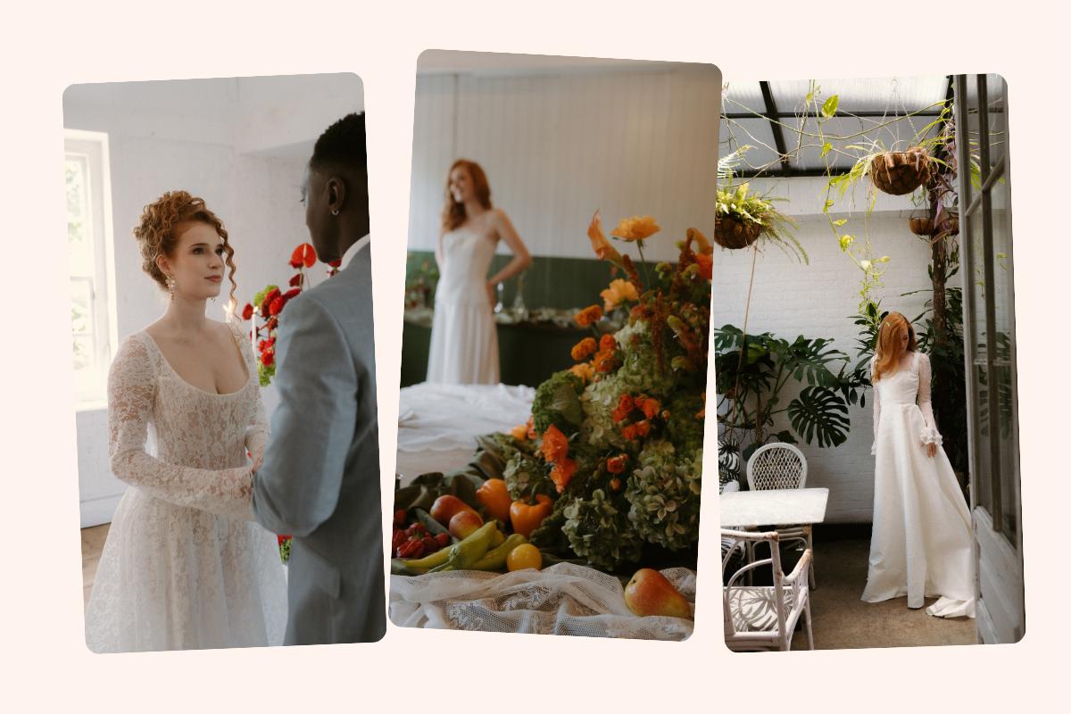 a bride with red curly hair shot at a bohemian wedding in a white lacey wedding dress, surrounded by harvest fruits and vegetables in a conservatory