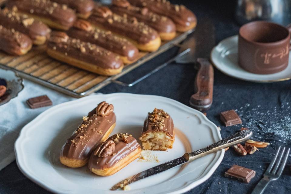 Plate of chocolate eclairs